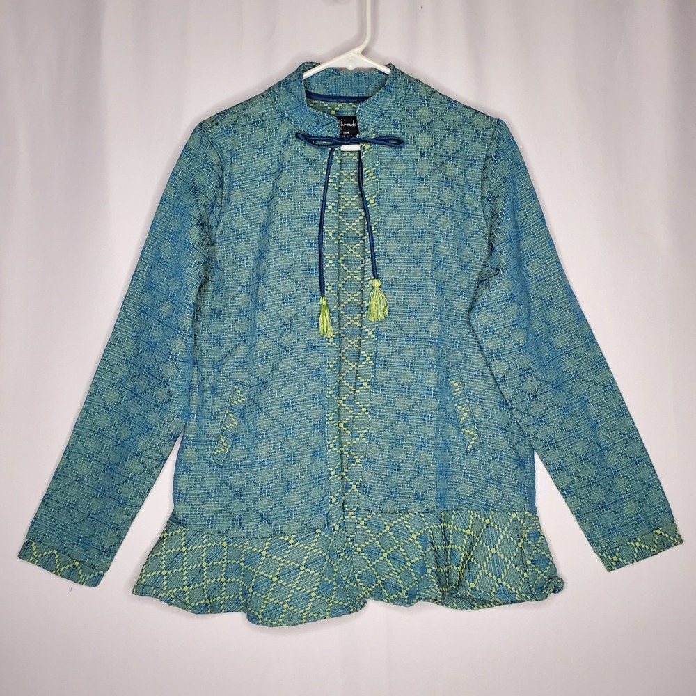 Sacred Threads Tapestry Jacket Women L/XL Geometric Tassel Tie Ethnic Hippie 90s